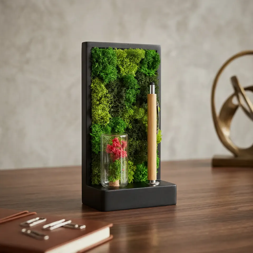 Preserved moss desk stand with a pen holder and small botanical vial