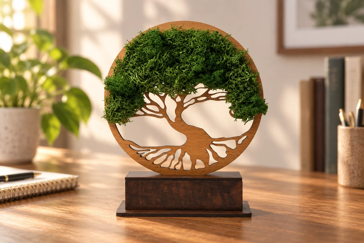 Six-inch Forest Tree Award with moss canopy and blank base on a desk