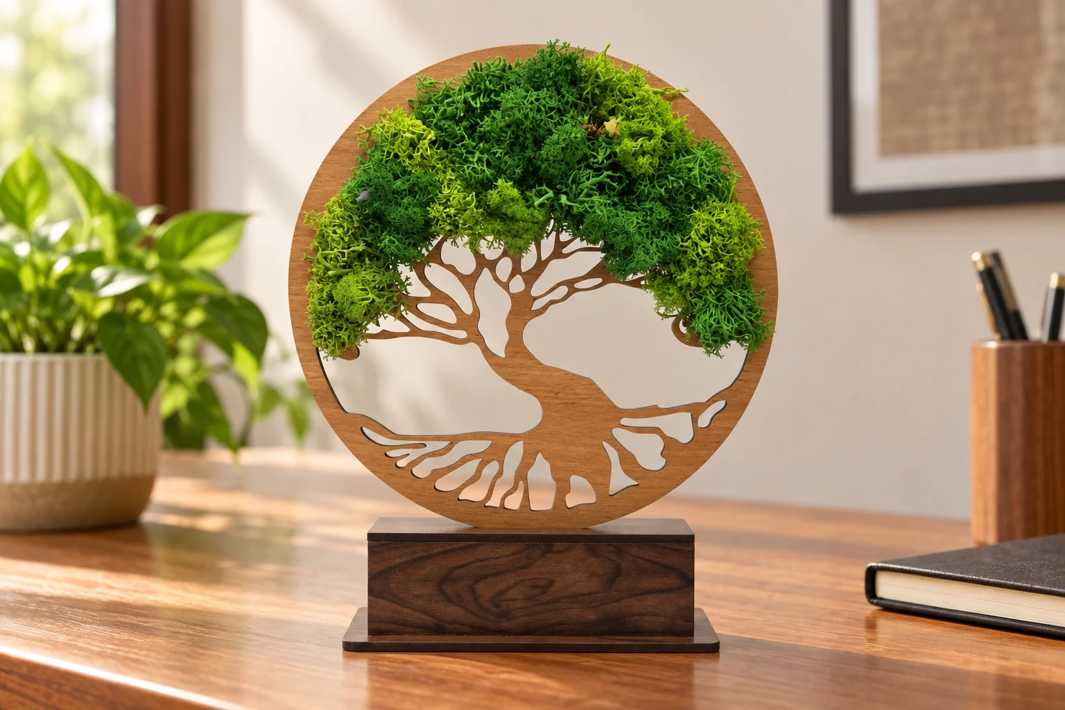 Eight-inch Forest Tree Award with moss canopy and blank base on a leadership desk