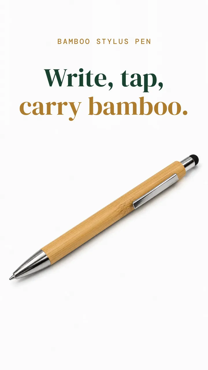 Opening frame of the film: the bamboo stylus pen on white under the words Write, tap, carry bamboo.