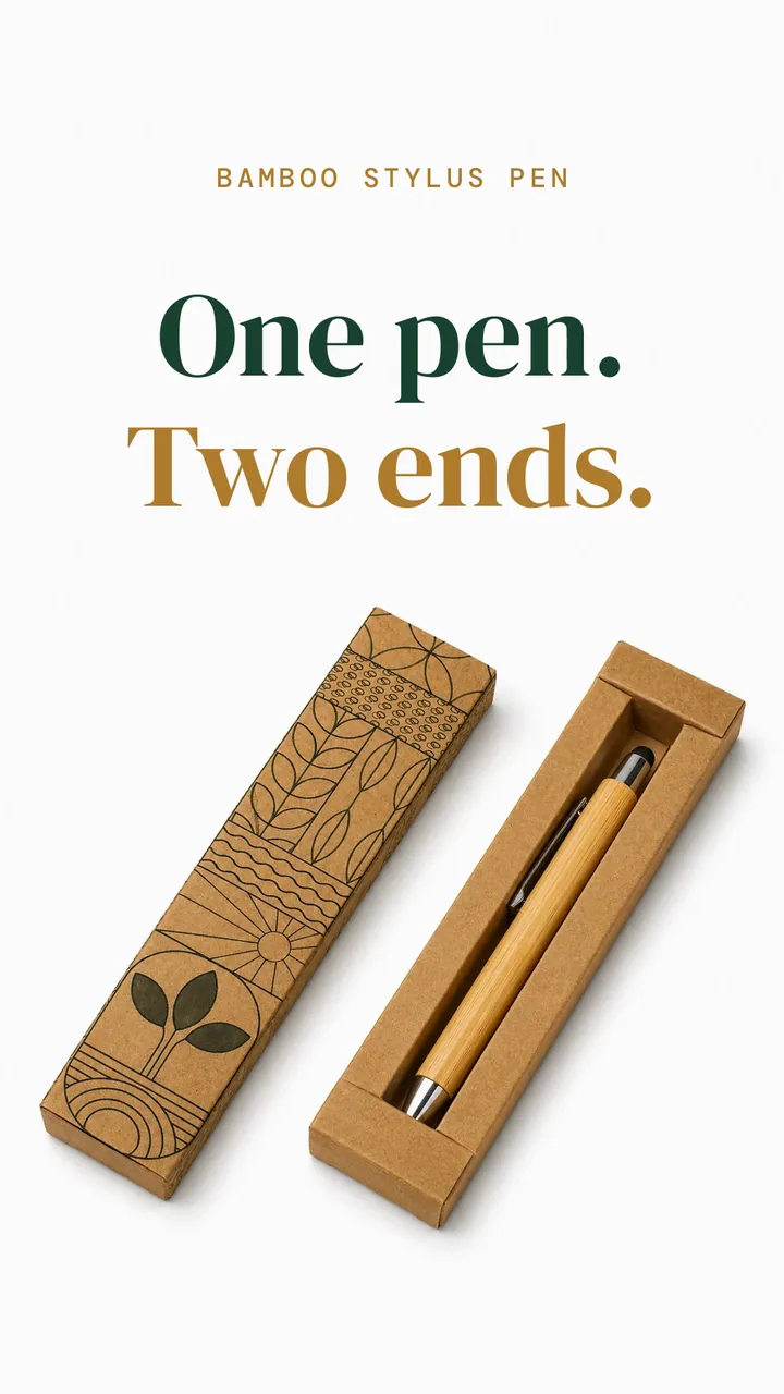 Opening frame of the film: the bamboo stylus pen beside its open kraft box under the words One pen. Two ends.
