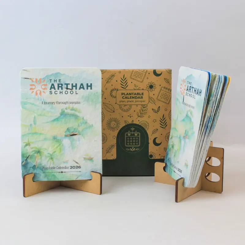 Branded plantable seed-paper desk calendar on an MDF stand