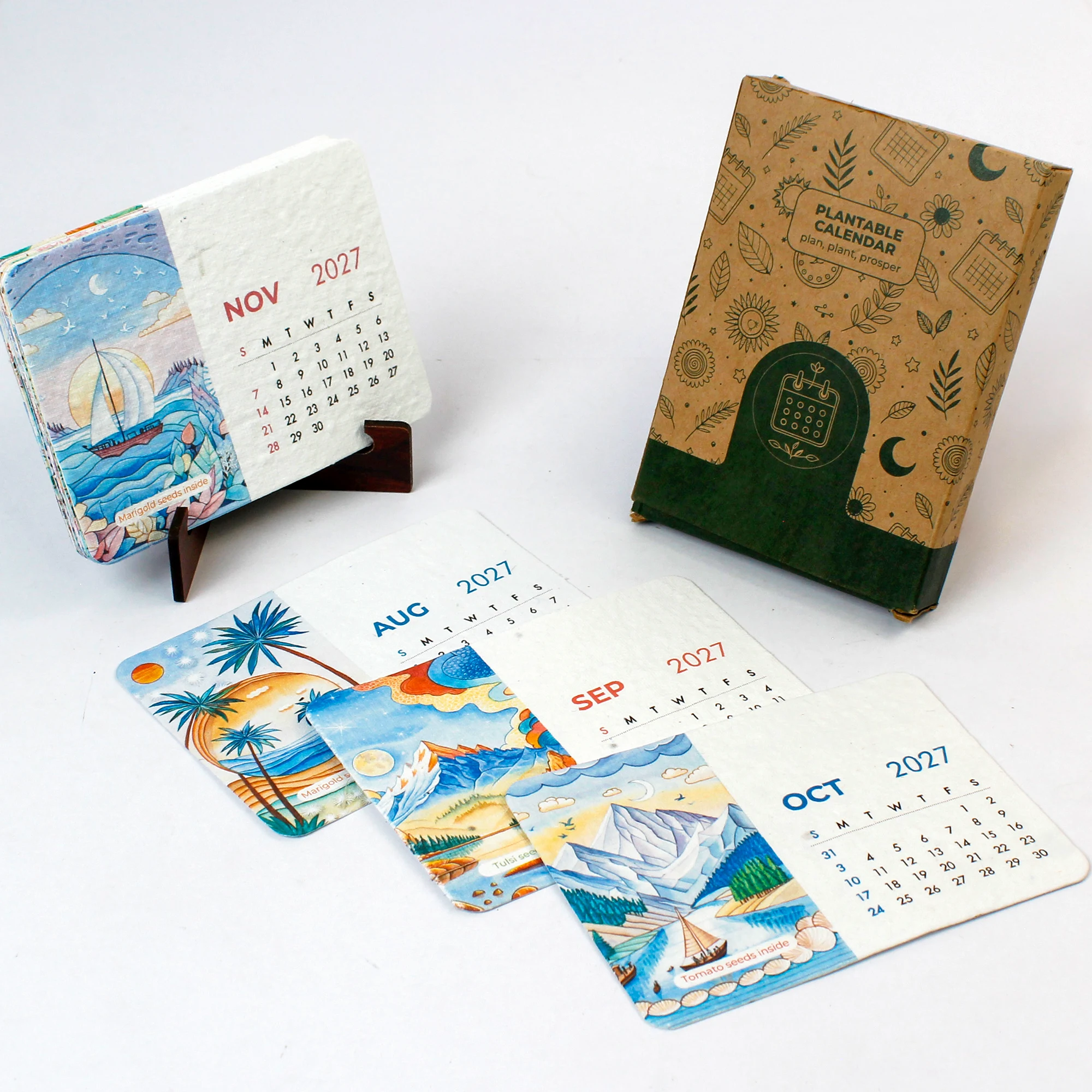 BG60 2027 calendar with loose seed-paper month cards, an MDF desk stand and its kraft box