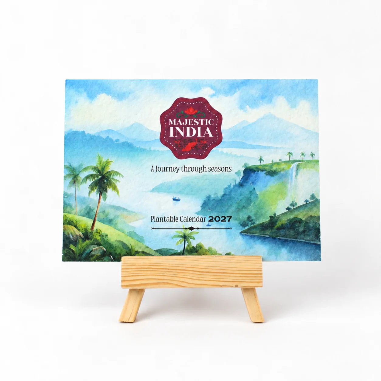 BG61-pro plantable calendar with its Majestic India 2027 cover on a wooden easel (year digitally updated from the 2026 photograph)