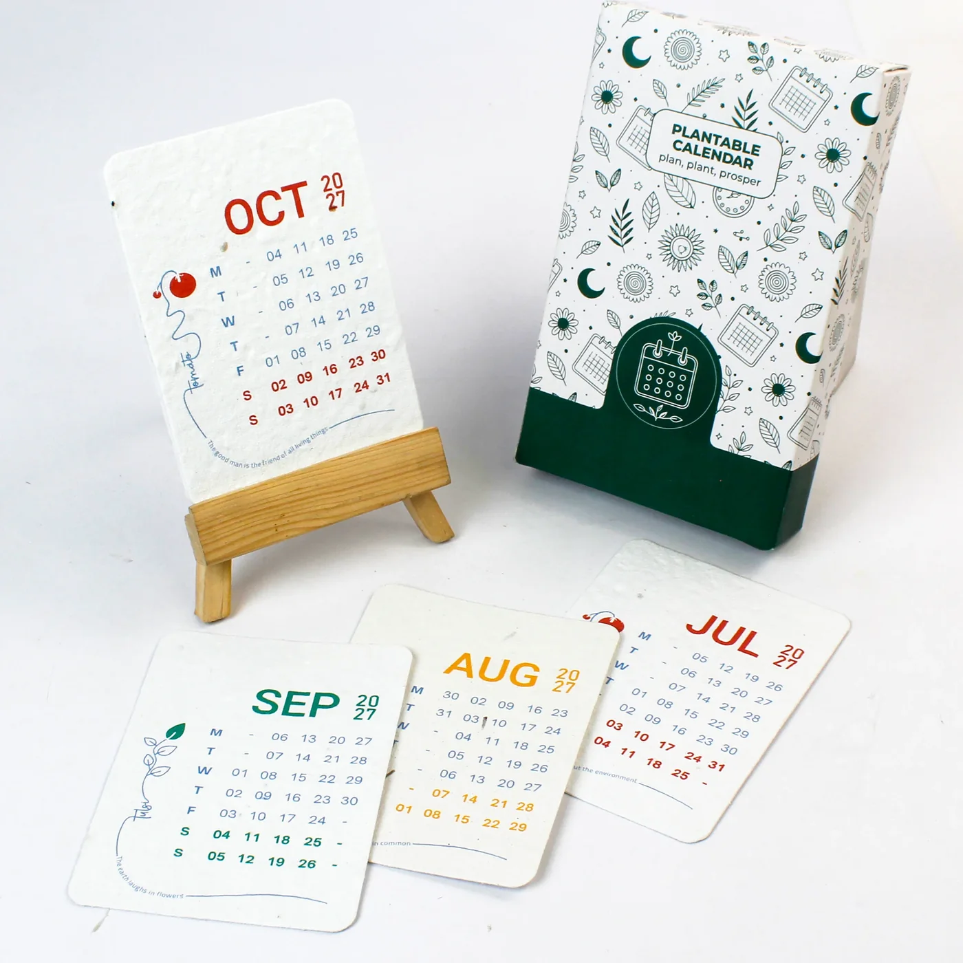 BG61 2027 cards and wooden easel beside the printed Plantable Calendar box