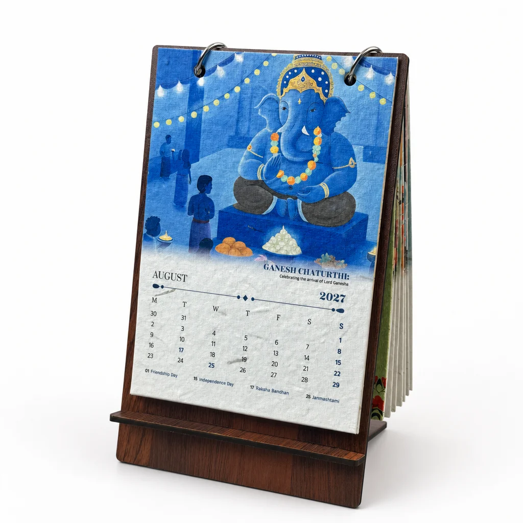 BG64(RV) ring-bound B6 calendar with its full August 2027 card and MDF stand
