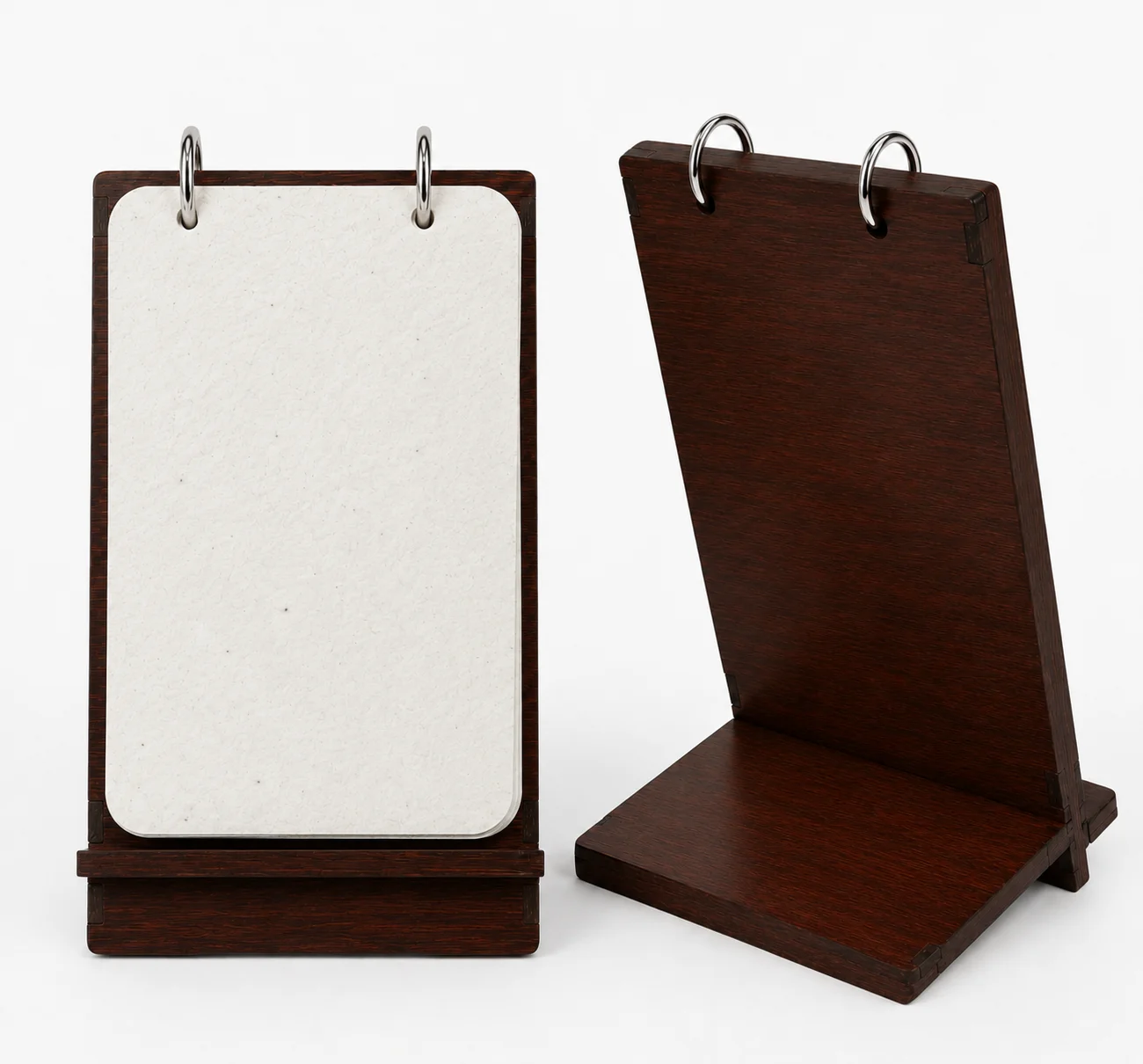 Unprinted BG64(RV) sample showing two metal rings and the front and rear of the MDF stand