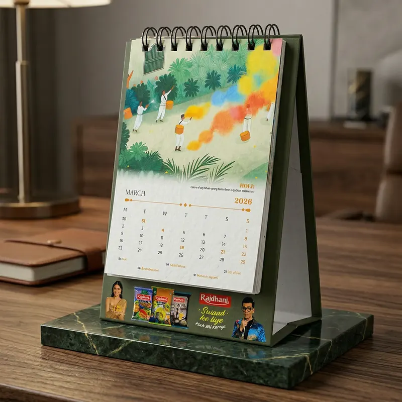 WireO-bound plantable desk calendar standing on a marble base