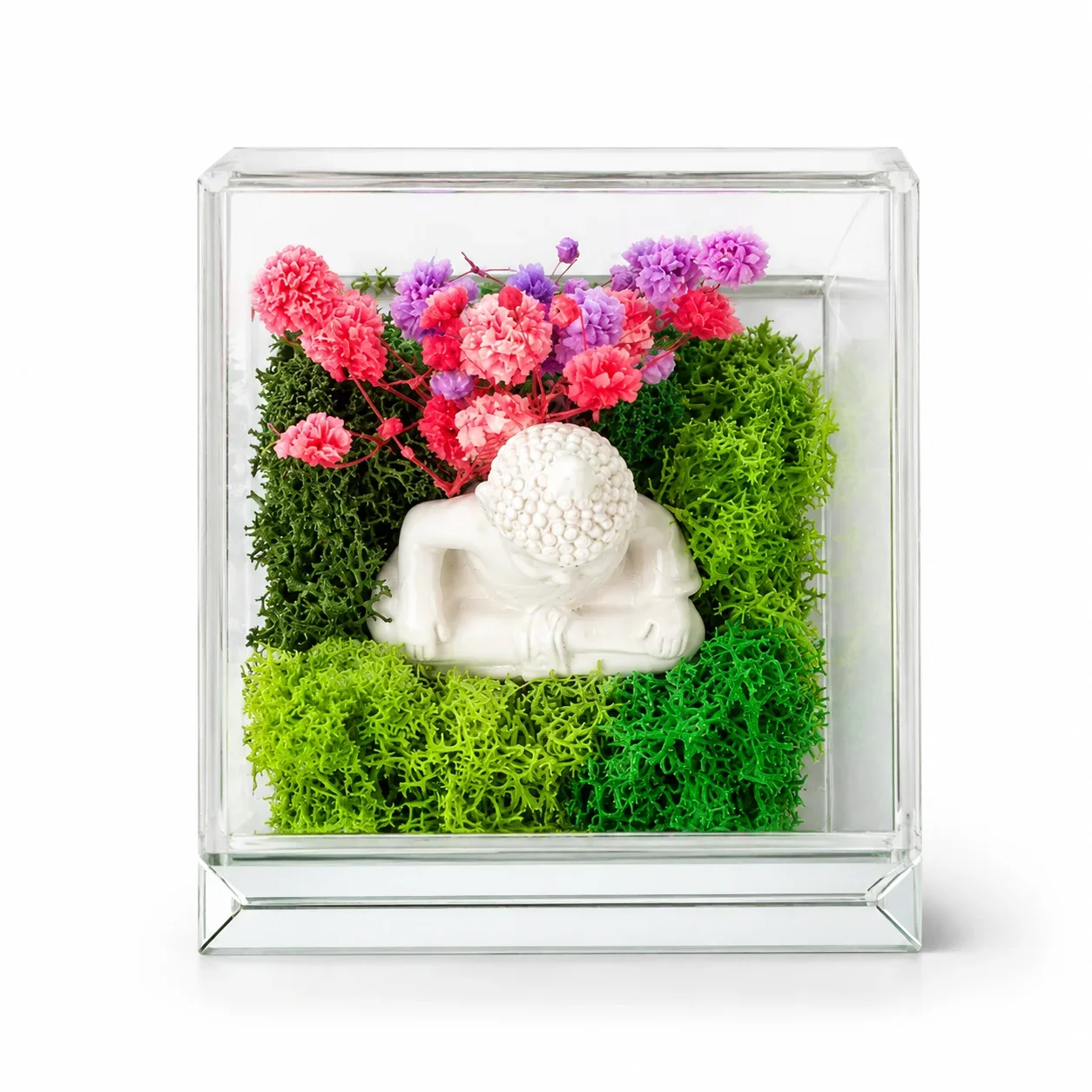 FTERRA33-Buddha from above: the Buddha among moss and flowers inside the acrylic cover