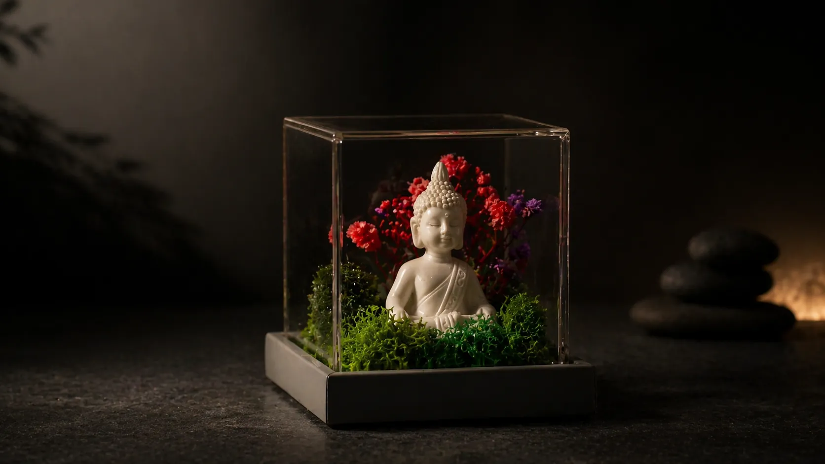 Mini Buddha Terrarium 3 × 3: a small white Buddha among preserved moss and red and purple flowers under a clear acrylic cover, in low light. A digitally styled view.