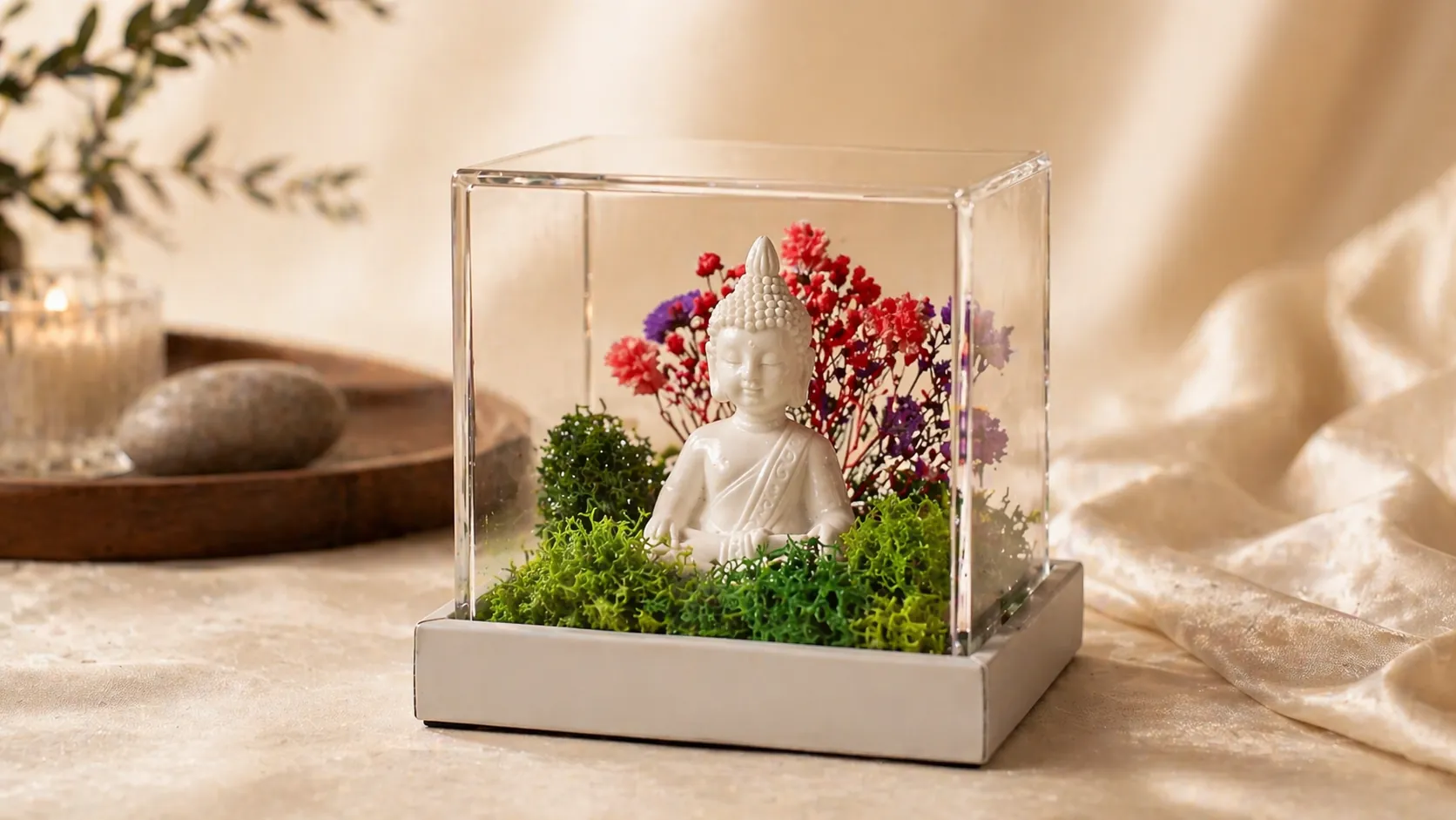 Mini Buddha Terrarium 3 × 3 on cream fabric in warm light beside a dark tray and a smooth stone. A digitally styled view.