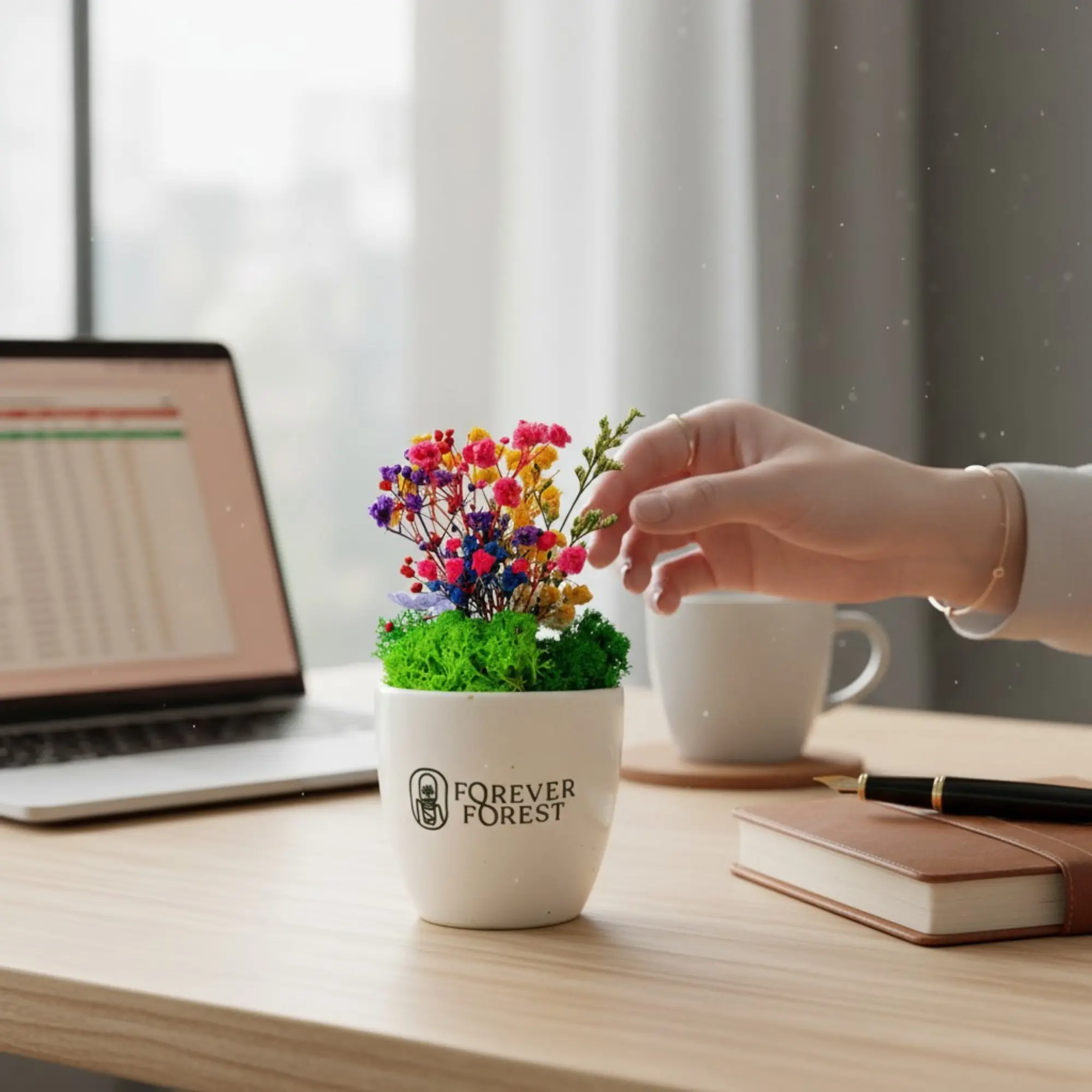 CF02 preserved floral pot on a desk with Forever Forest front print