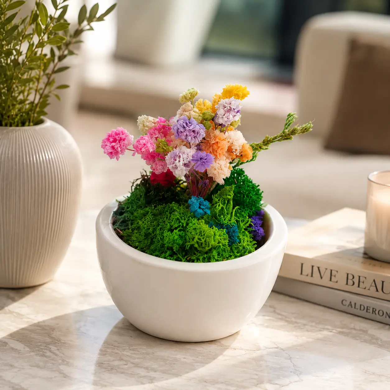 CF31 mini ceramic bowl with preserved flowers shown on a desk beside books