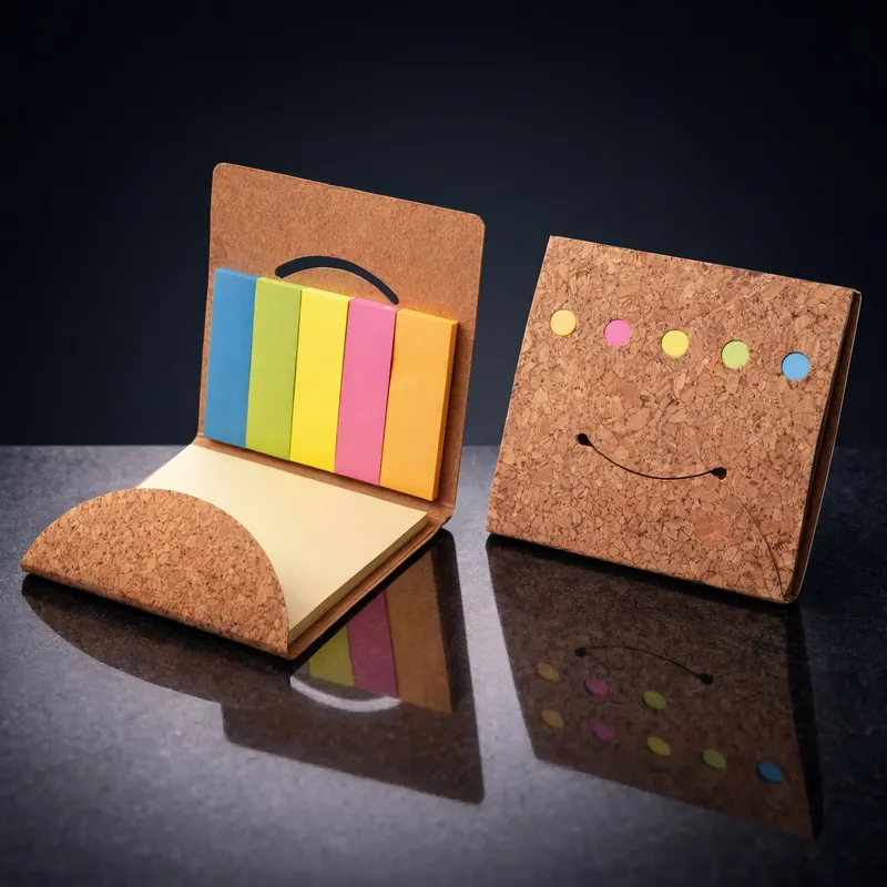 Cork-covered sticky note set with coloured index tabs