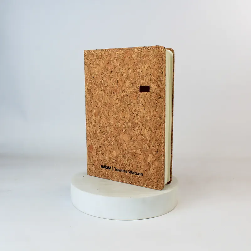Cork-covered A5 diary with a branded mark on the front cover