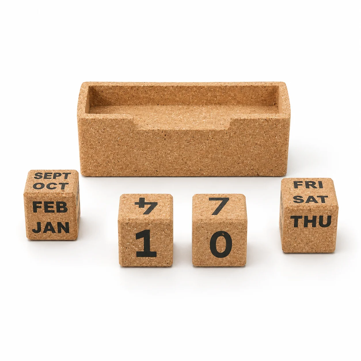 CK60 Slim cork base beside two numbered date cubes, one month cube and one weekday cube