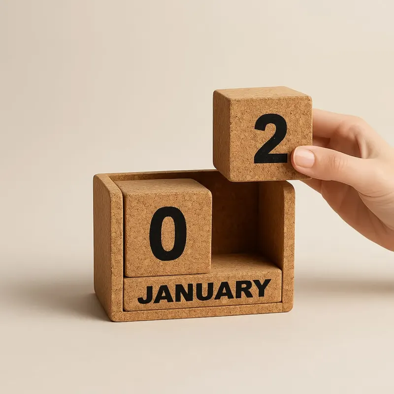 A hand setting the date on a cork block desk calendar