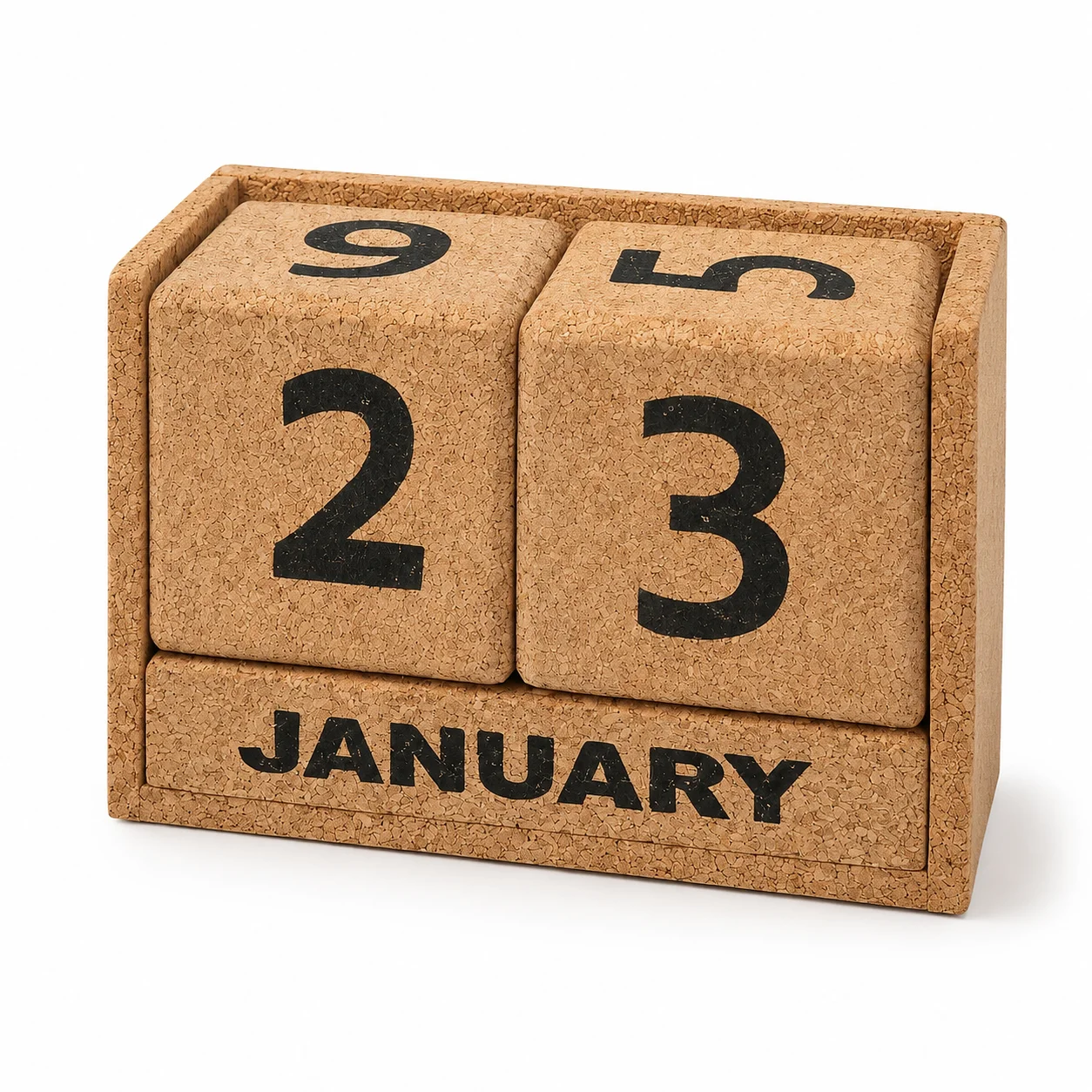 CK61 Standard cork calendar showing January 23 with two large numbered cubes above a long month block