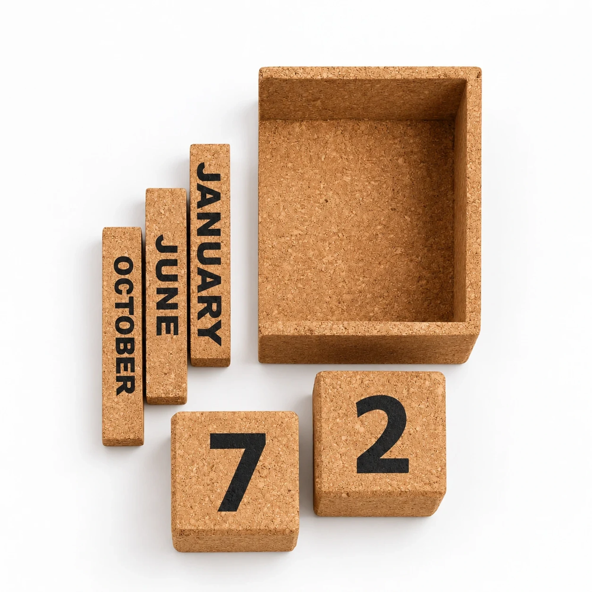CK61 Standard cork base, three long month blocks and two numbered date cubes laid out separately