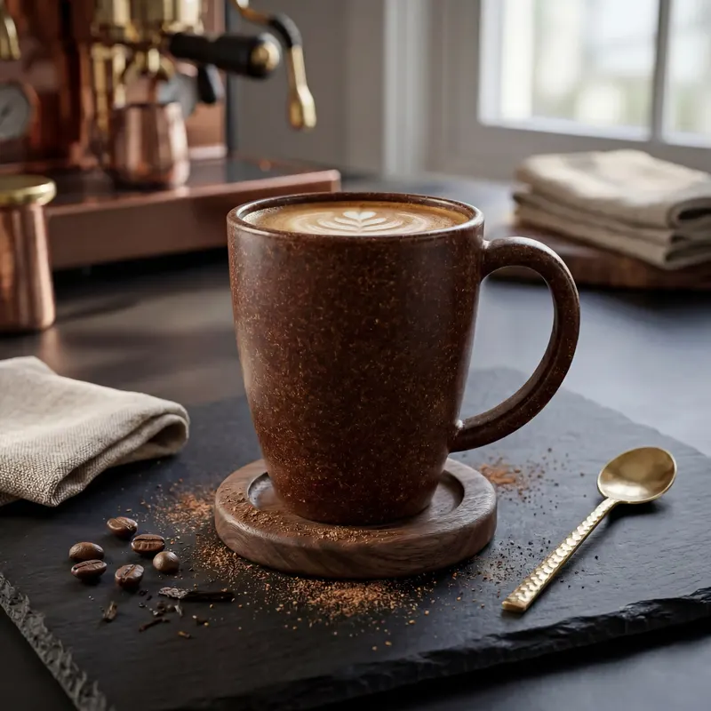 Coffee fibre eco mug filled with coffee, resting on a wooden coaster