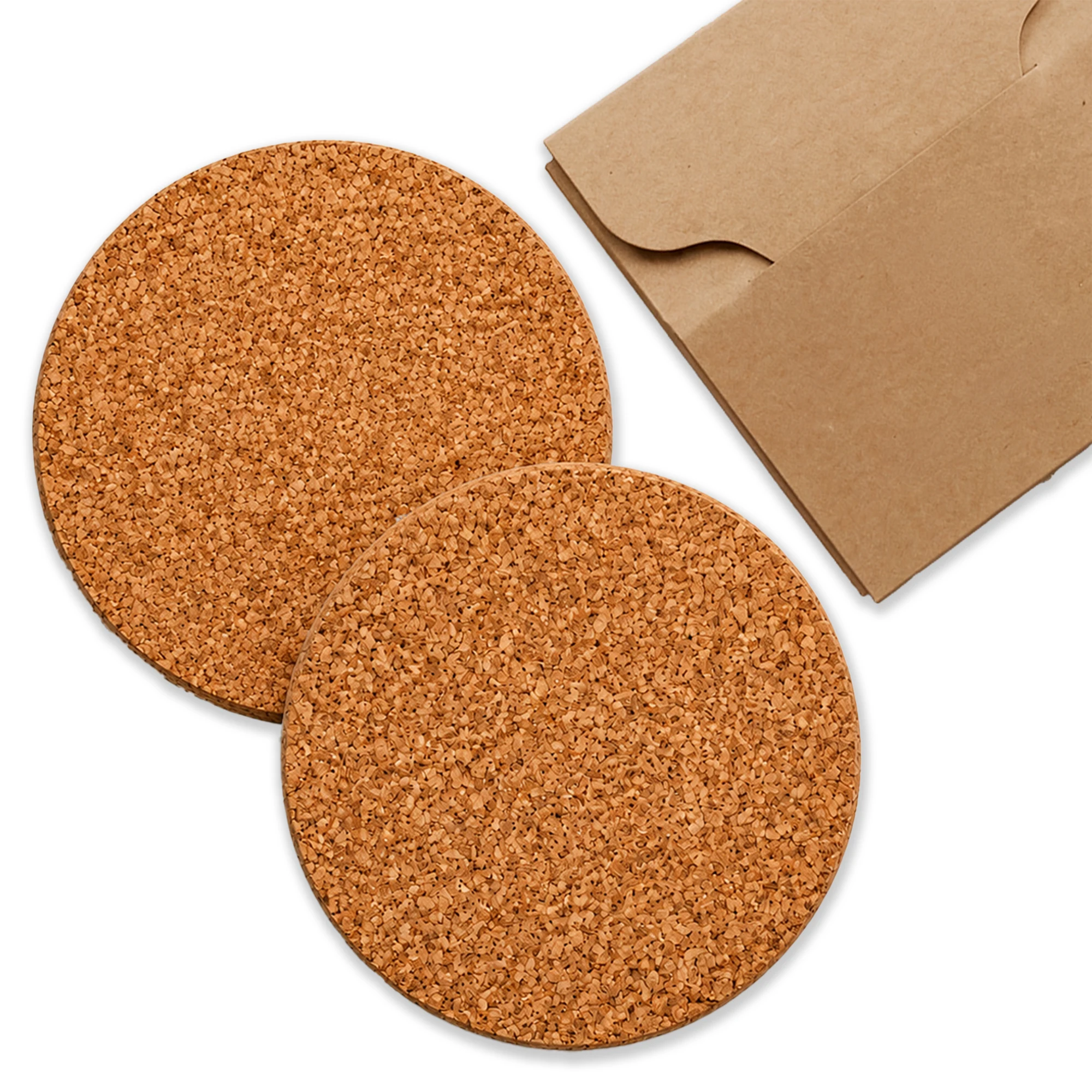 Two round cork coasters beside the plain kraft sleeve for 2ck03