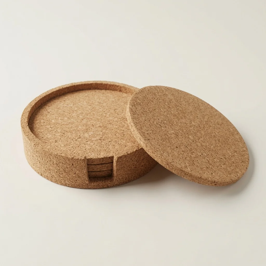 Cork holder holding four stacked round cork coasters