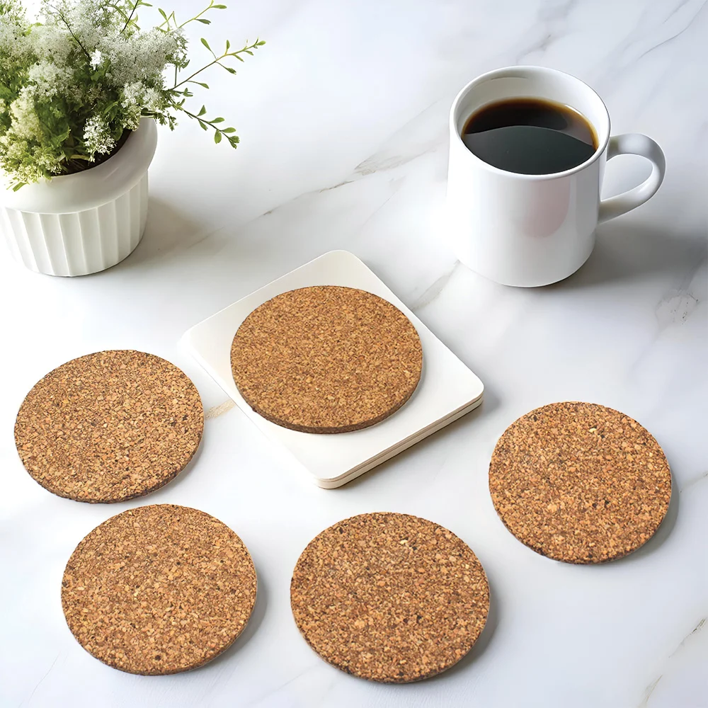 Four plain cork coasters arranged on a table beside a cup