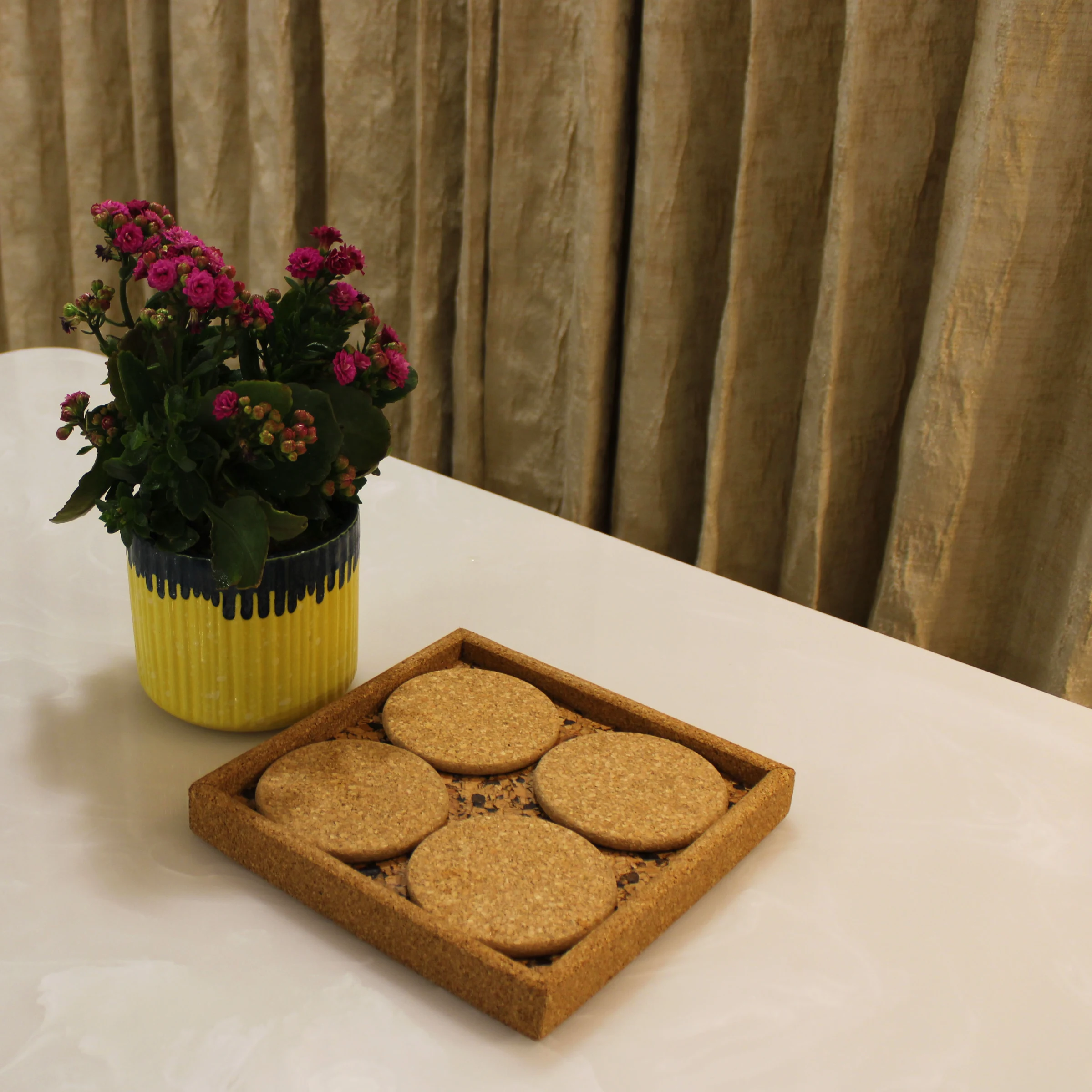 Square cork-facing tray with four round cork coasters beside a flowering plant