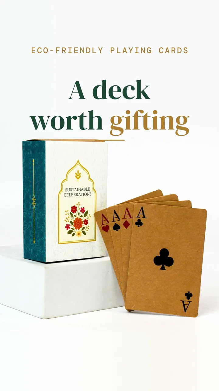 Opening frame of the film: the D10 box in its cream and teal Sustainable Celebrations sleeve beside four kraft-paper aces, under the words A deck worth gifting.