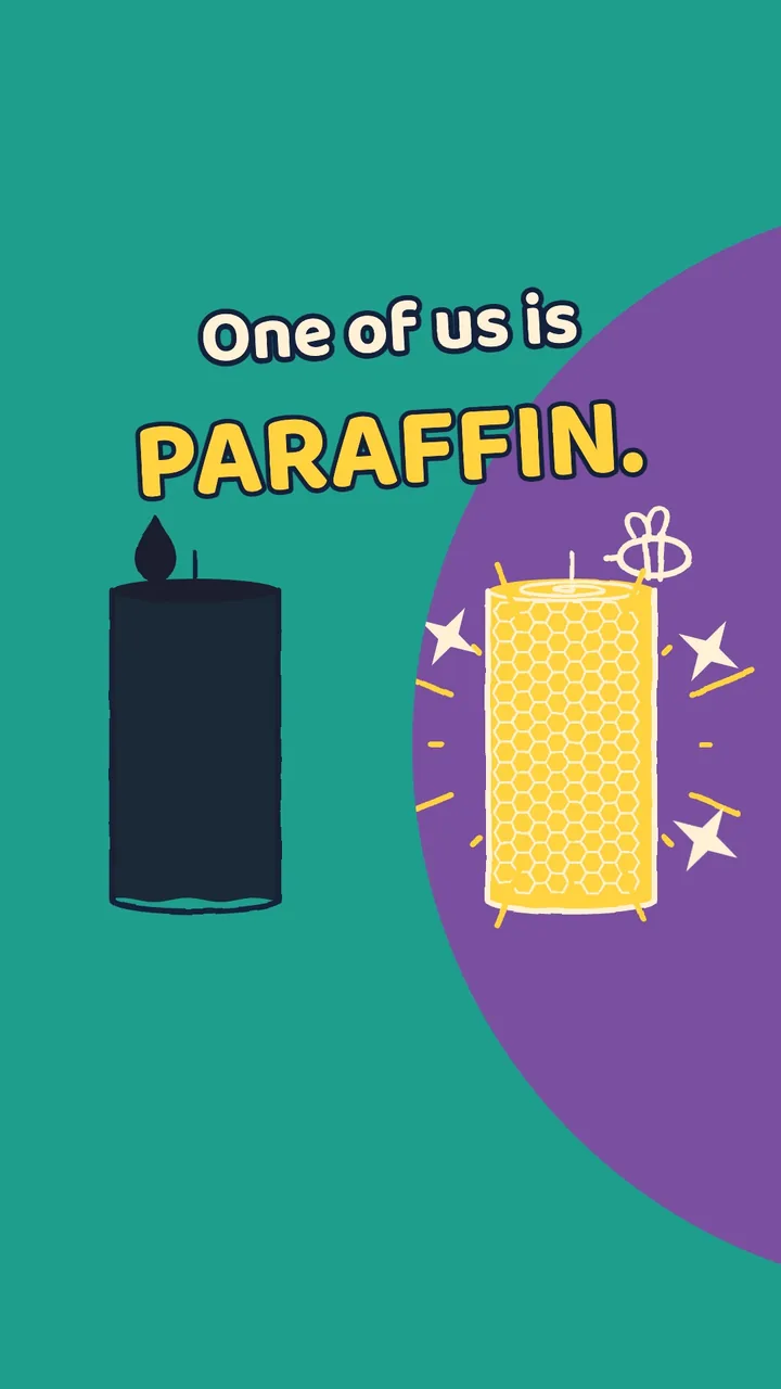 Opening frame of the drawn film: a dark paraffin candle and a yellow honeycomb beeswax candle with a bee, under the words One of us is paraffin.
