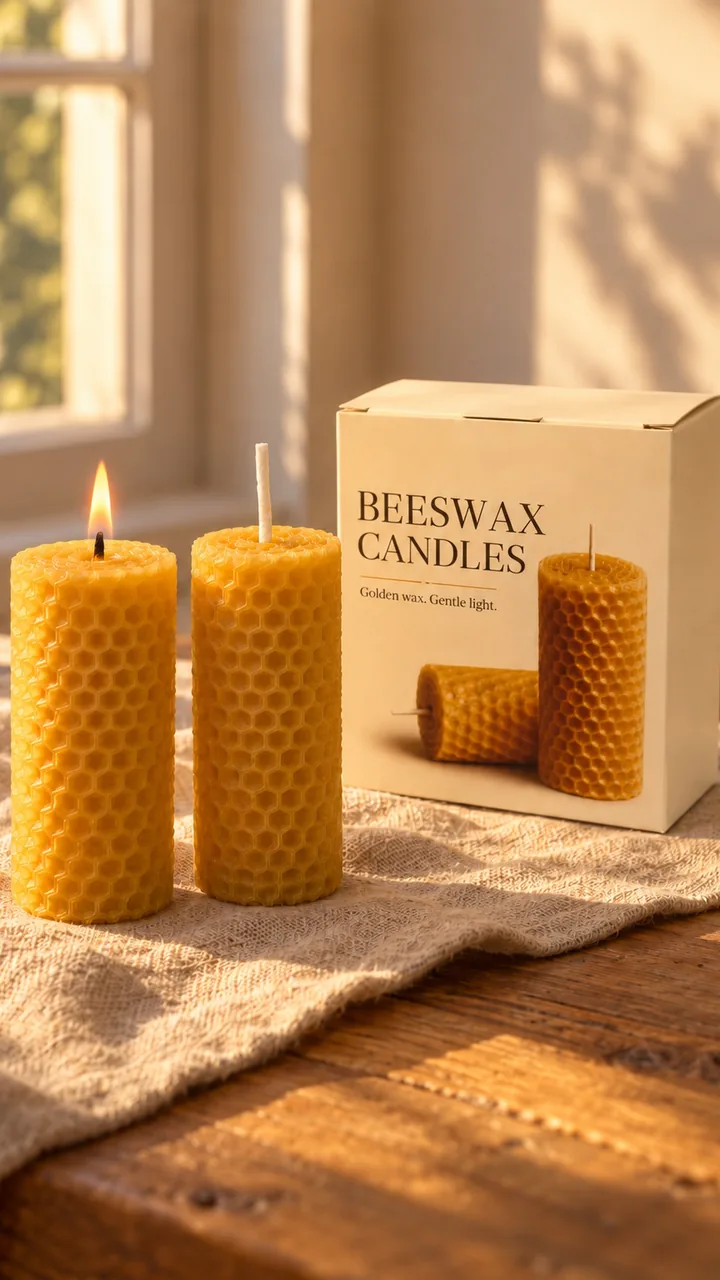 Opening frame of the film, a digitally styled scene: two honeycomb beeswax candles and their box on a wooden table in golden light, titled Golden wax.