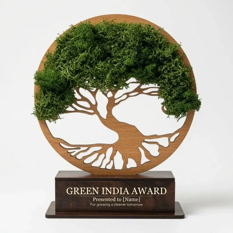 Forest Tree Award with a preserved moss canopy on an engraved wooden base