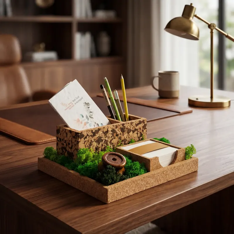 The Grove Executive cork deskscape with preserved moss and desk tools