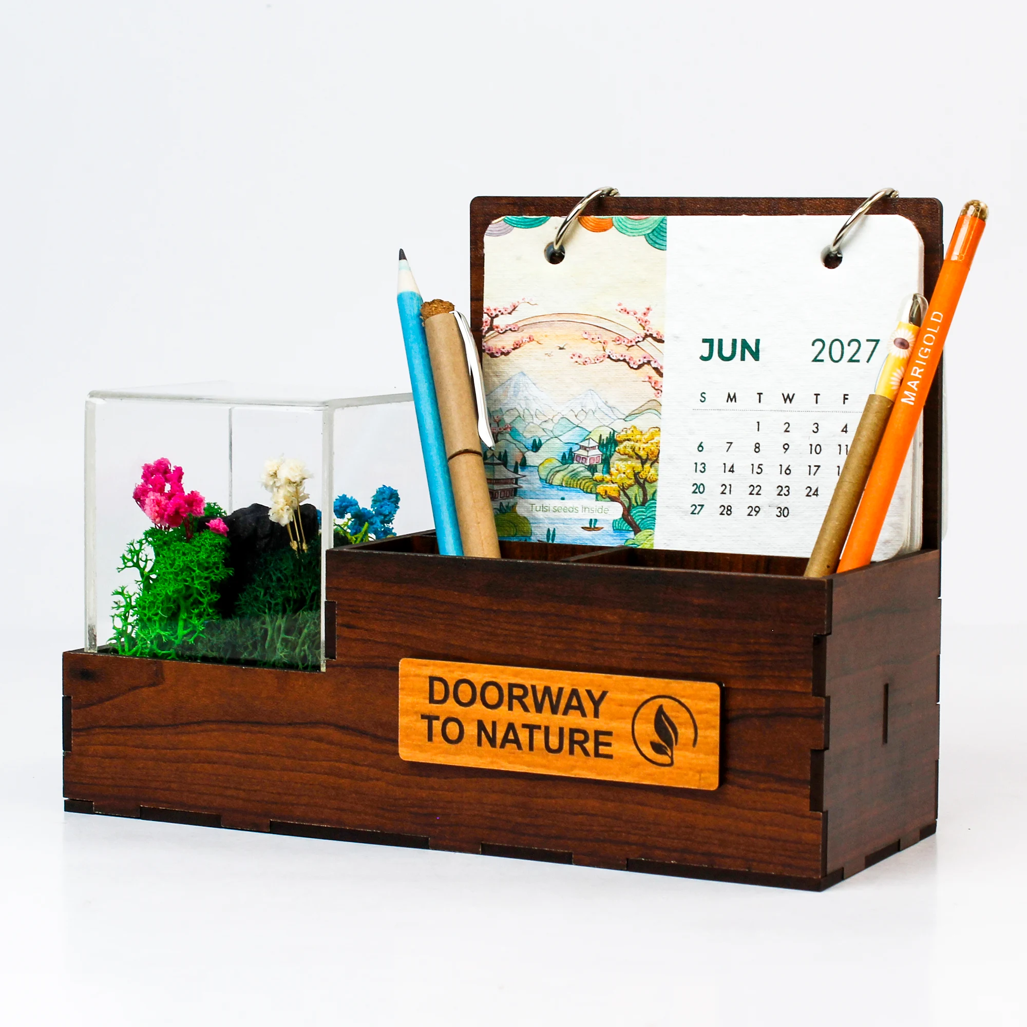 Exact FTG60 Terra Calendar Desk Organiser with covered preserved botanicals, pen holder and June 2027 seed-paper card