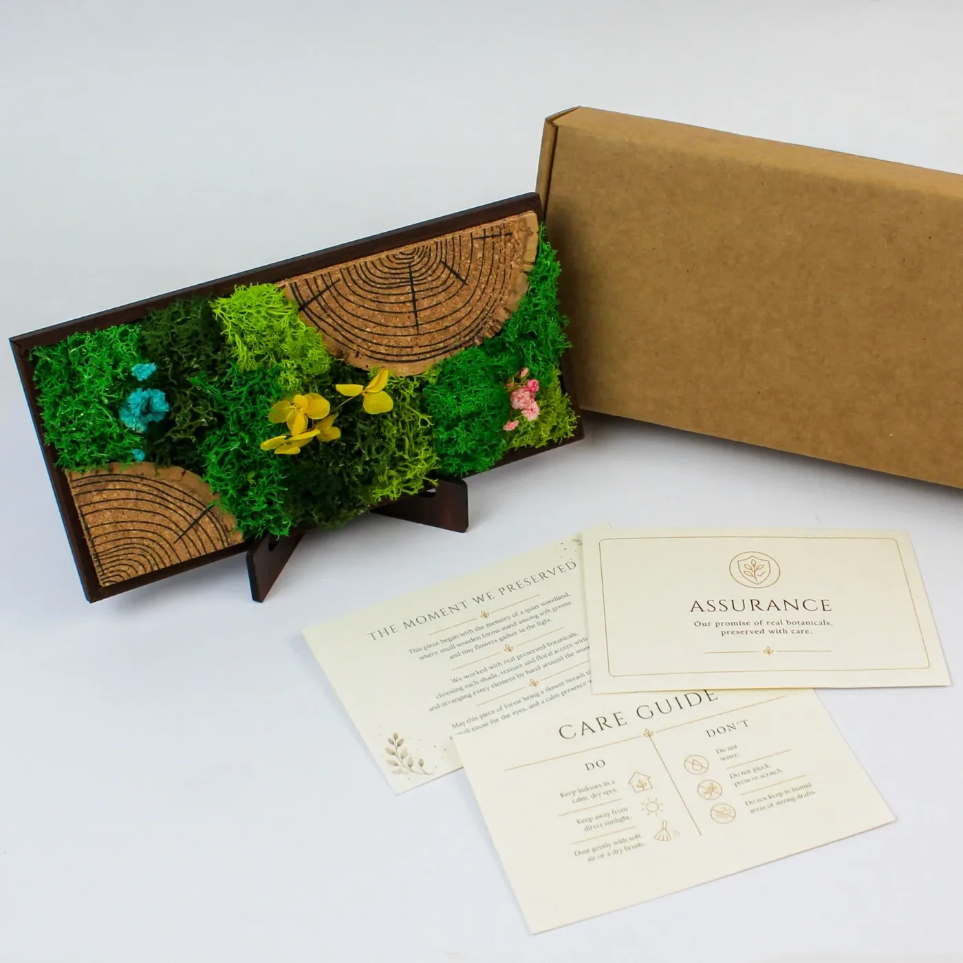 The Forest Tile Panorama on its stand beside its kraft box, with the printed maker's note, assurance card and care guide in front