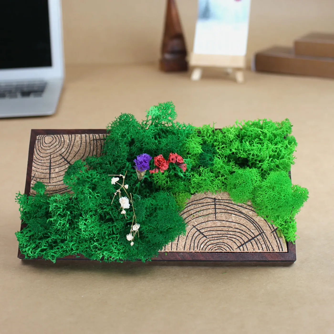 The Forest Tile Panorama on a desk beside a laptop, its preserved moss and small flowers spread over patterned cork