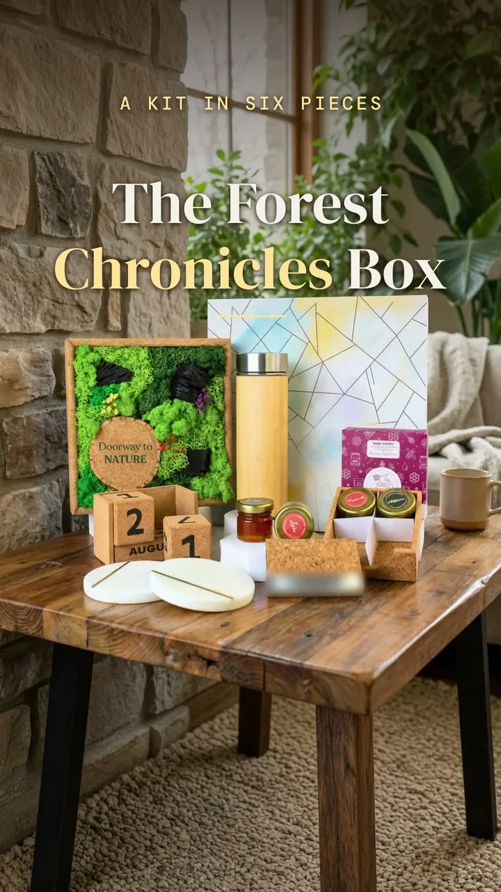 Opening frame of the film, a digitally styled scene: the Forest Chronicles Box laid out on a wooden table by a stone wall, titled The Forest Chronicles Box, a kit in six pieces
