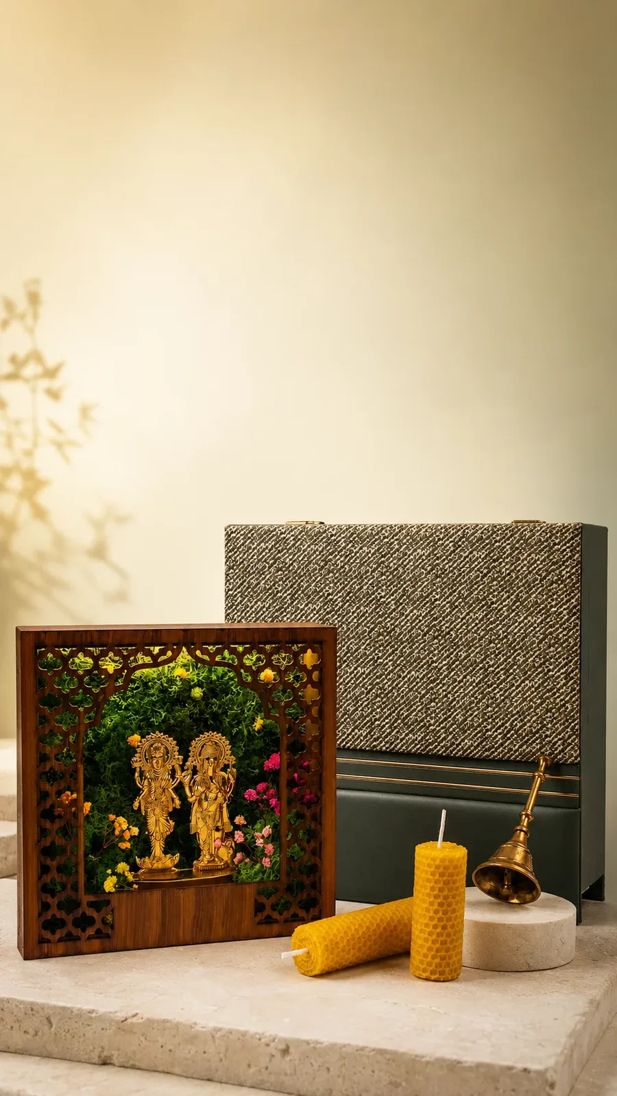 The Namah Chest set on pale stone in warm light. A digitally styled view.
