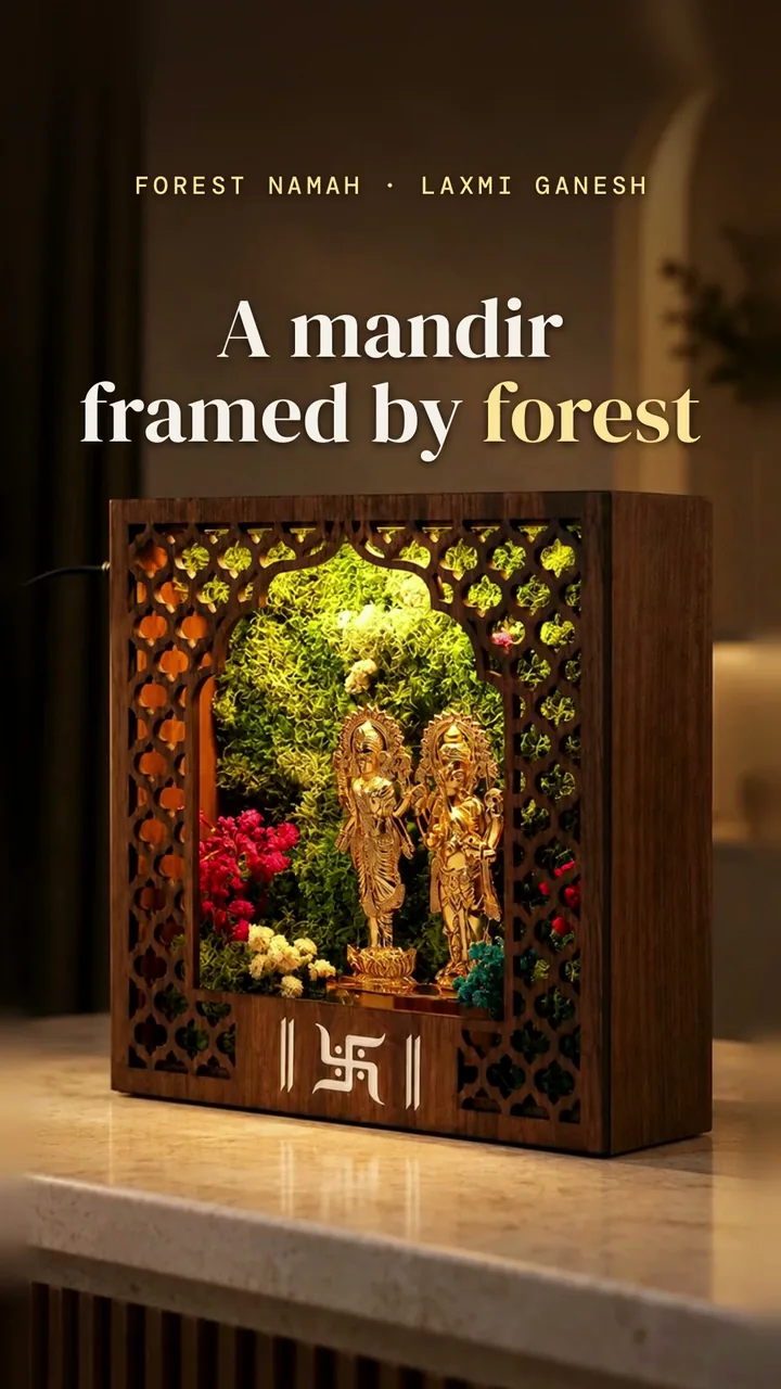 Opening frame of the film, a digitally styled scene: the lit Forest Namah mandir with metal Laxmi and Ganesh idols, titled A mandir framed by forest.