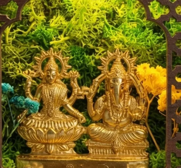 Close-up of the Laxmi and Ganesh idols among preserved moss with small flowers