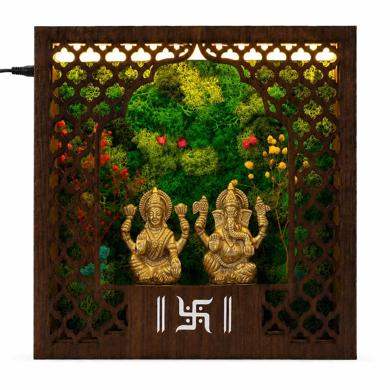 Fnamah(D) brass Laxmi–Ganesh mandir with preserved botanicals and integrated light