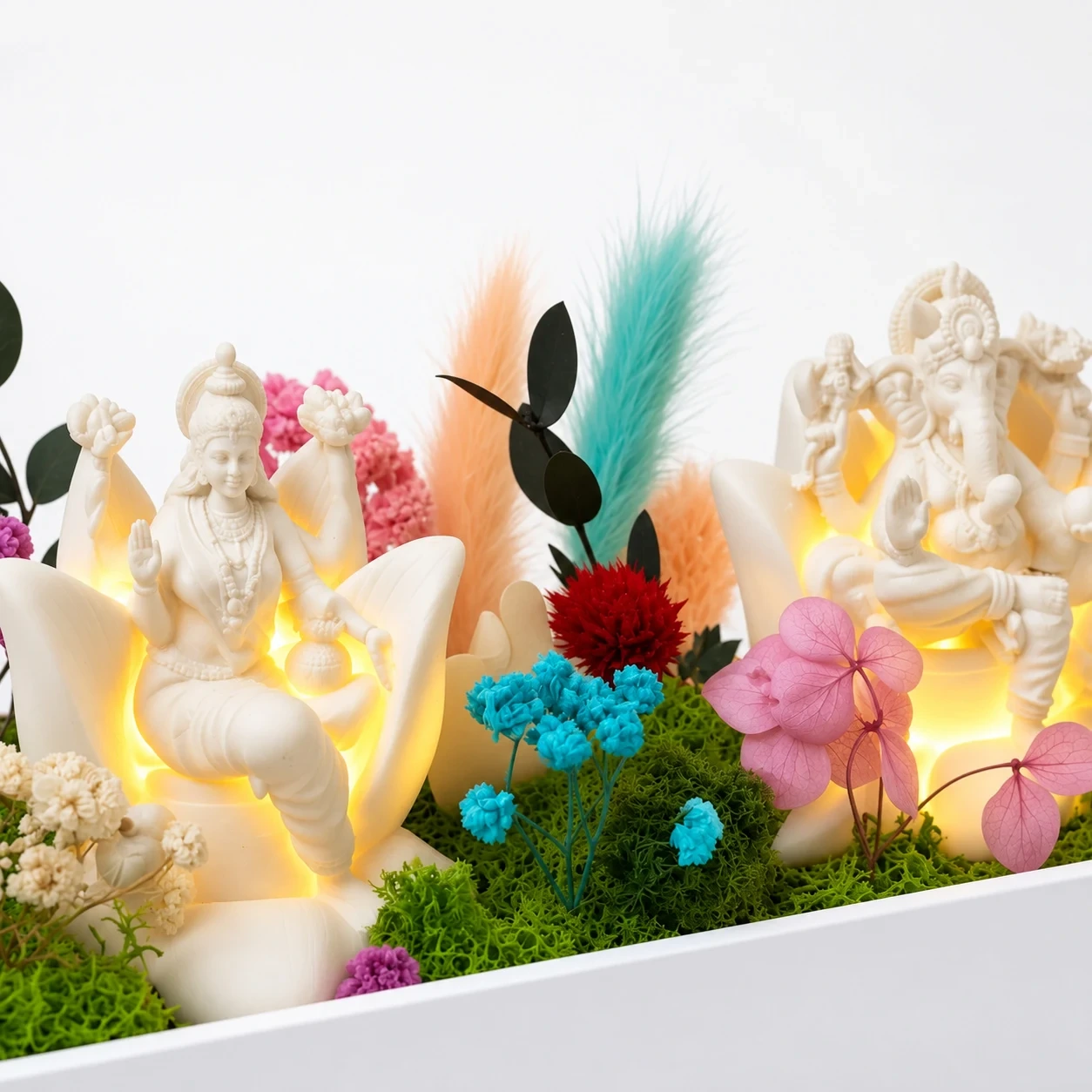 Close-up of the two glowing figures among preserved flowers and moss
