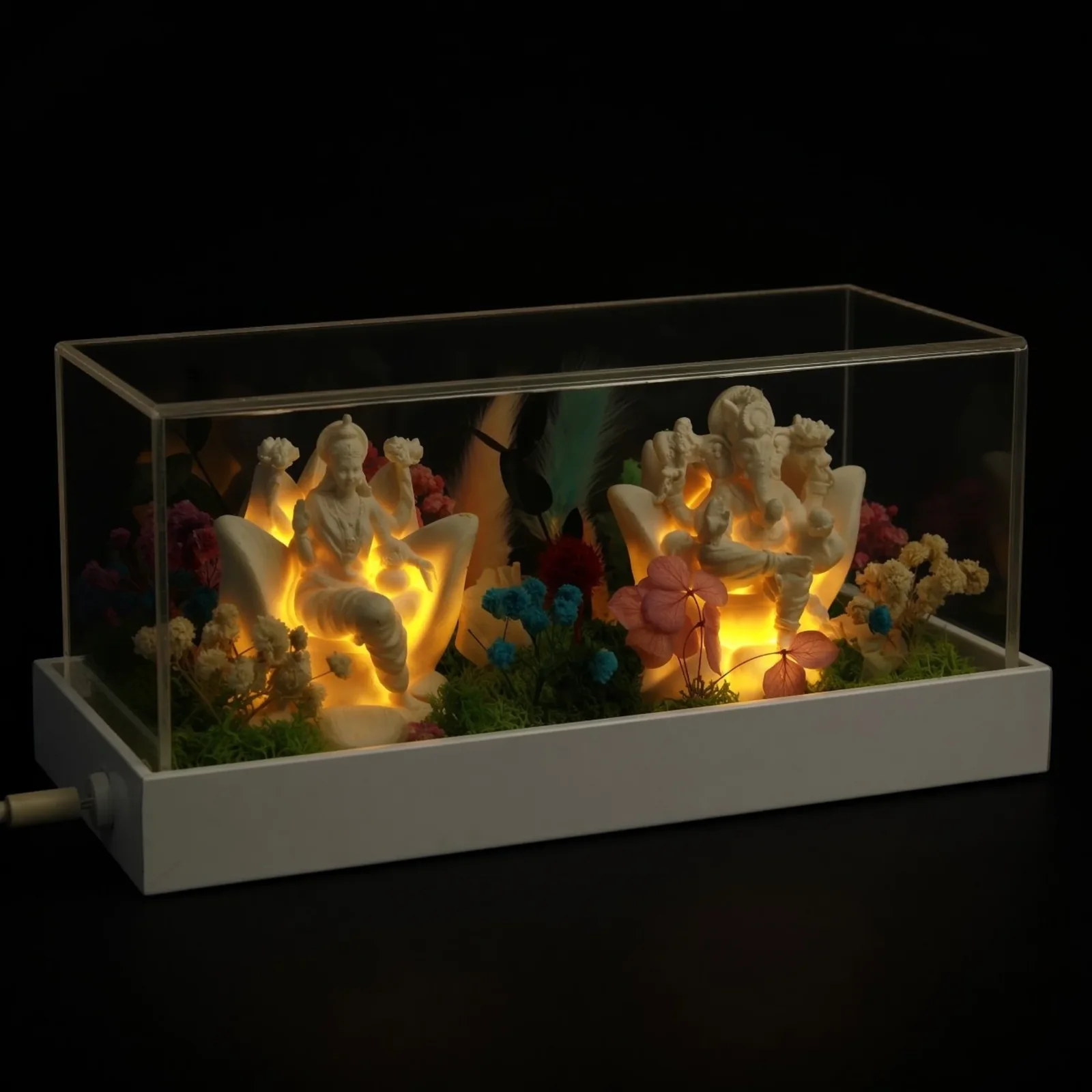 Forest Aranya Laxmi–Ganesh (LED), lit in the dark: a clear acrylic case with two glowing white figures among preserved flowers and moss