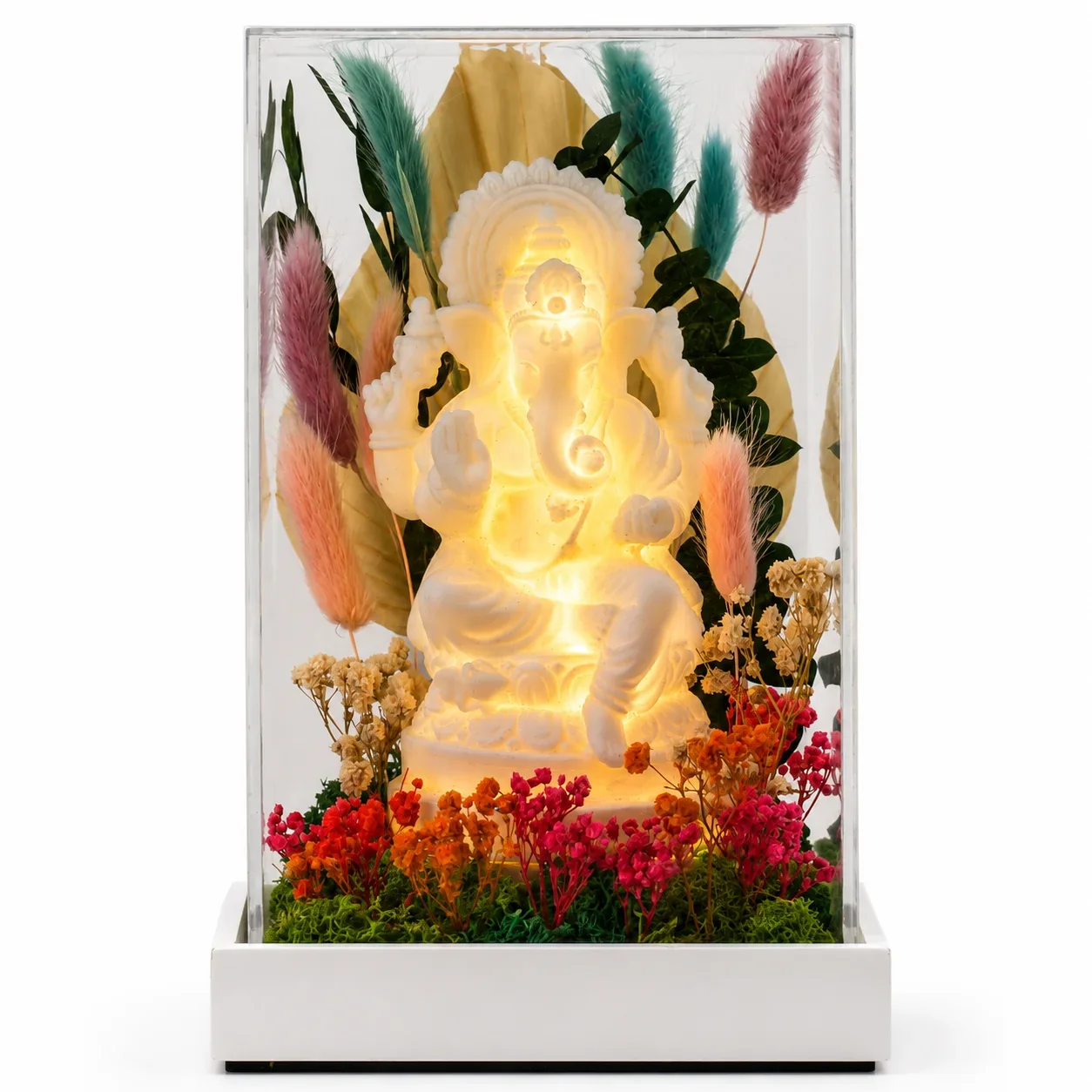 FTERRA95L-Ganesha: a resin Ganesha in a lit terrarium of preserved moss and flowers under clear acrylic