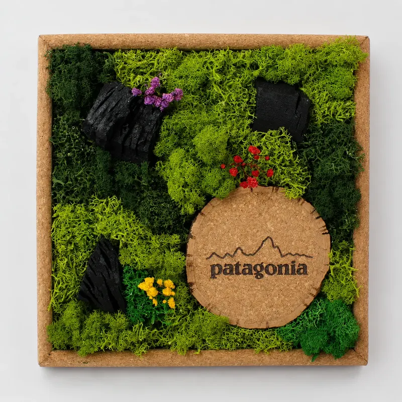 Forest Chronicles cork frame with preserved moss and a branded medallion