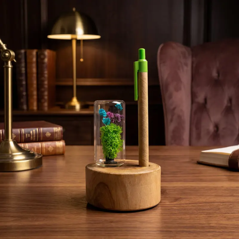 Forest Stump desk piece with a glass botanical capsule and a recycled paper click pen