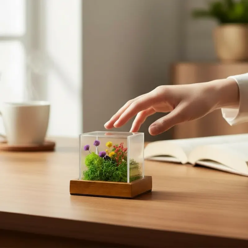 Forest Terrarium Cube in clear acrylic on a desk
