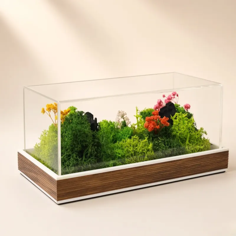 Forest Terrarium Landscape under clear acrylic on a wooden base
