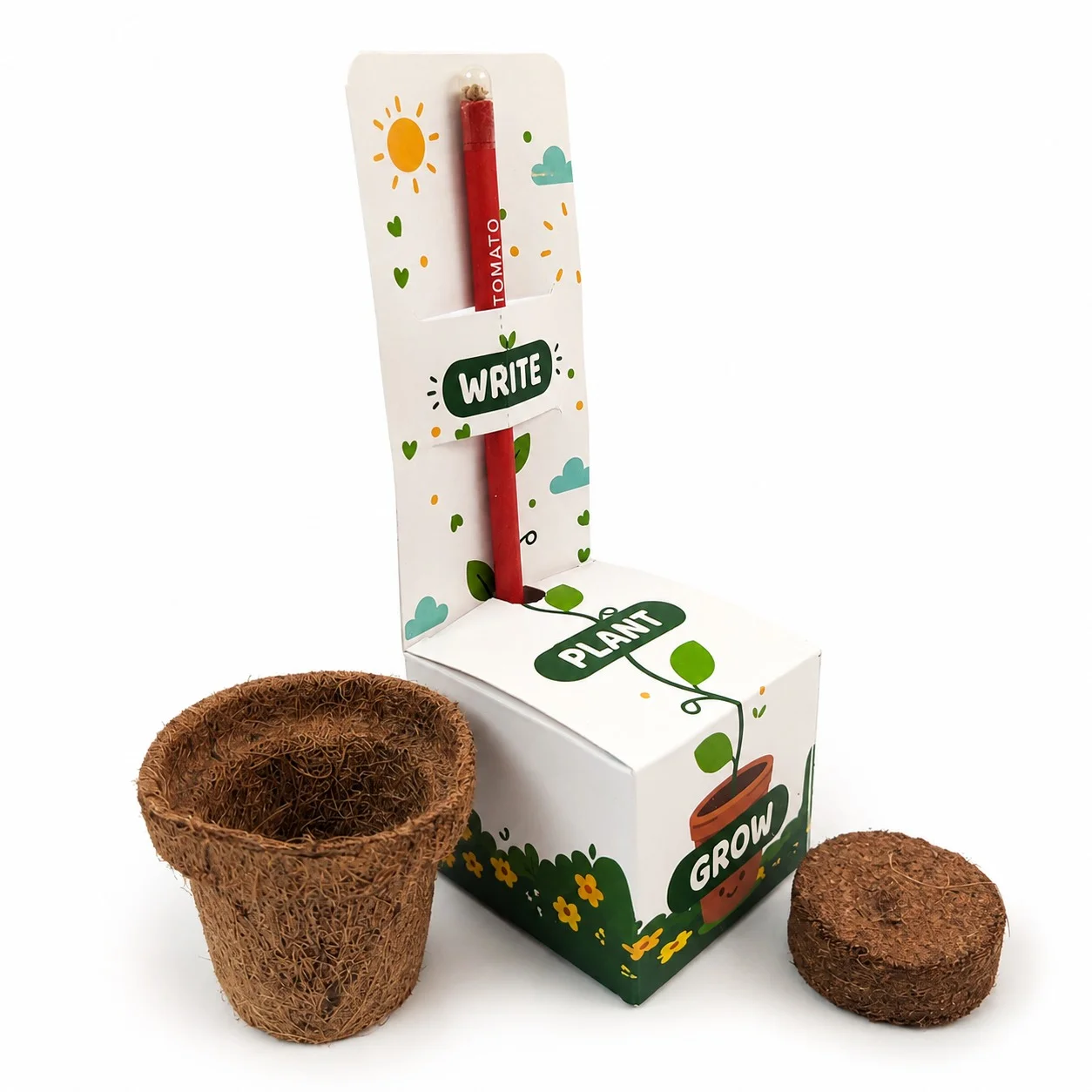 Red example seed pencil with coco pot, cocopeat and printed box for BC31-01