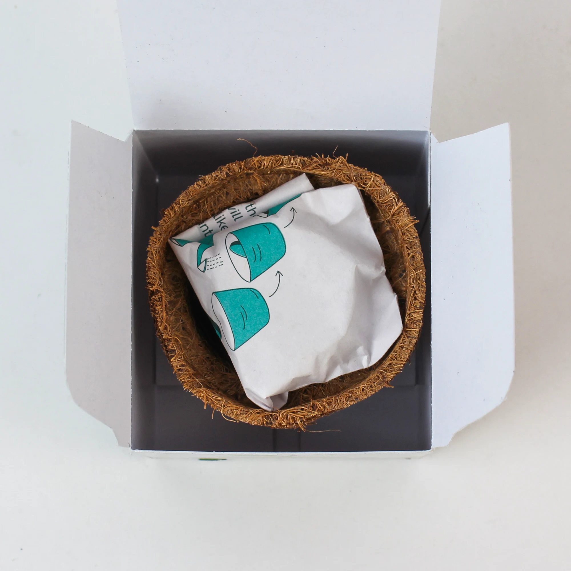 Open BC31 printed box with coir pot and planting materials inside